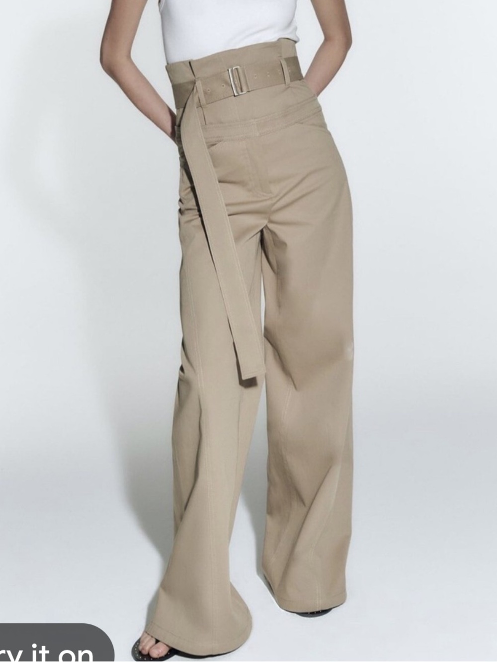 Zara High-Waist Belted Wide-Leg Pants in Light Beige